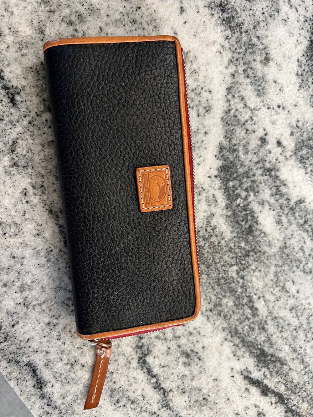 Dooney & Bourke Black Leather Zip Wallet with Tan Trim